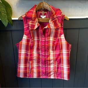 CJ Banks Womens Plus Size 1X Plaid Snap Up‎ Ruffle Collar Pocket Vest Pink EUC